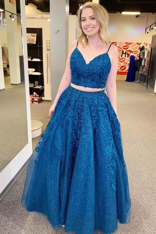 Two Piece Sparkle Tulle Appliques Royal Blue Formal evening gown Prom Dress